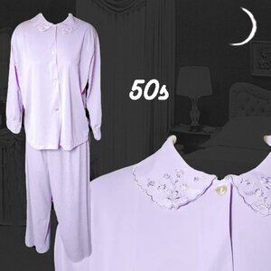 Vintage Nylon Pajamas Large Lavender PJs with Embroidered Details VFG 50s